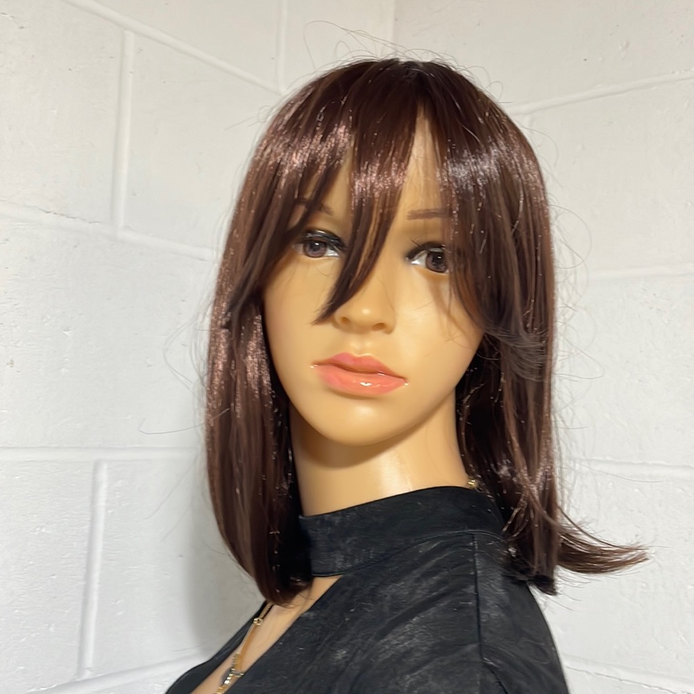 NWT dark brown curved curtain bangs 12” wig glossy chestnut brown
